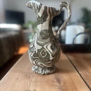 Handmade Swirl Marble Pitcher Vase in Olive Green and Cream